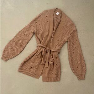 Tan Knit Cardigan with Belt and Long Sleeves